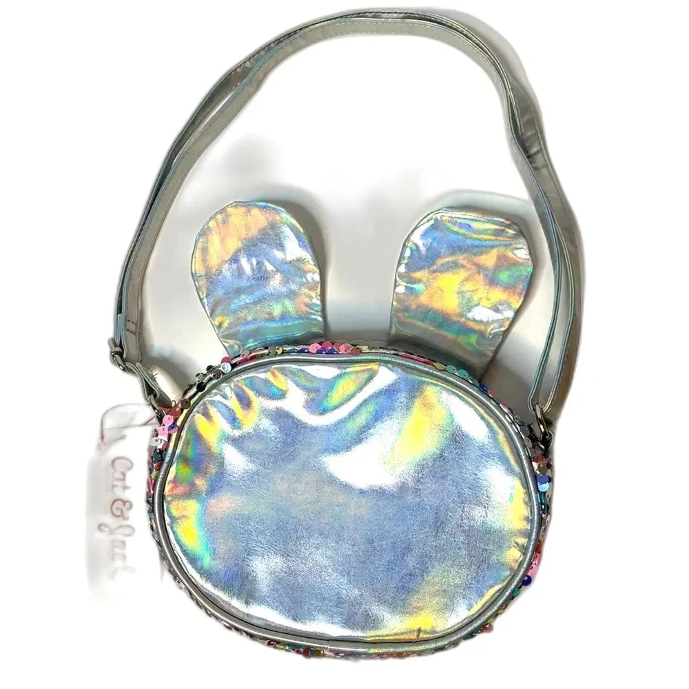 Cat & Jack Girl Easter Bunny Silver Colorful Flip Sequin Crossbody Bag Purse New